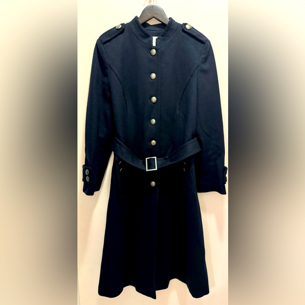 NWT Ann Taylor Loft Women Petite Navy Wool Coat 12P Military Style Belted